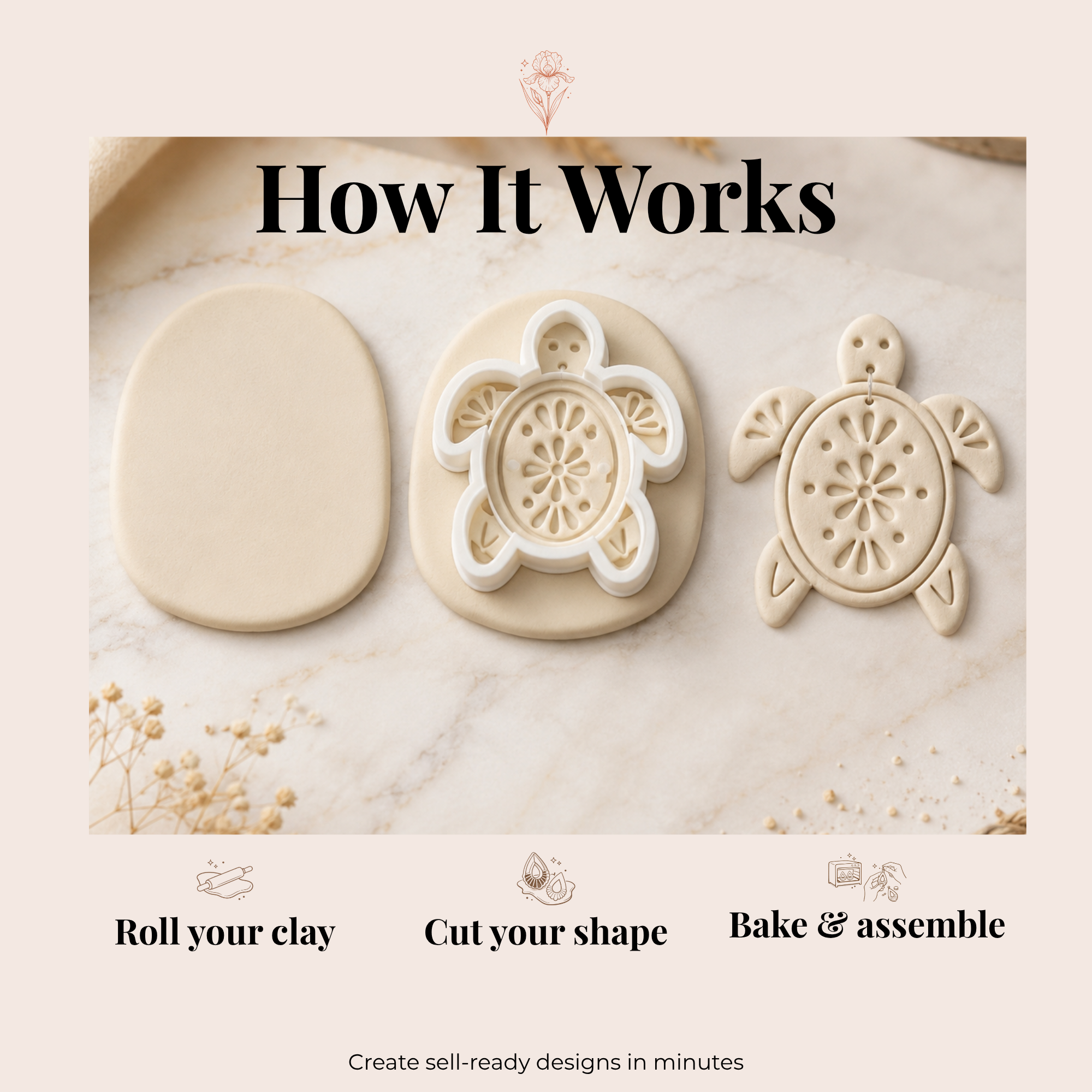 Turtle Bloom Polymer Clay Cutter | 30–45mm | Turtle Shape Clay Cutter | Earring Jewellery Making Tool