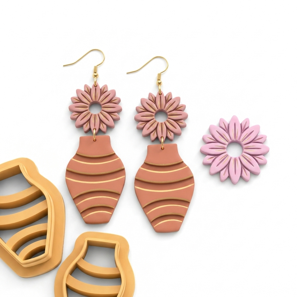 Vase and Gerbera Polymer Clay Cutter Set of 2 | 30–55mm Floral Earring Cutter | IrisCrafts7