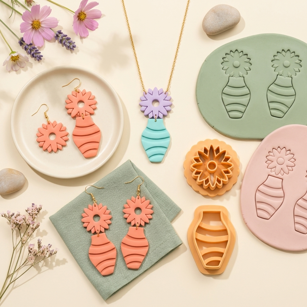 Vase and Gerbera Polymer Clay Cutter Set of 2 | 30–55mm Floral Earring Cutter | IrisCrafts7