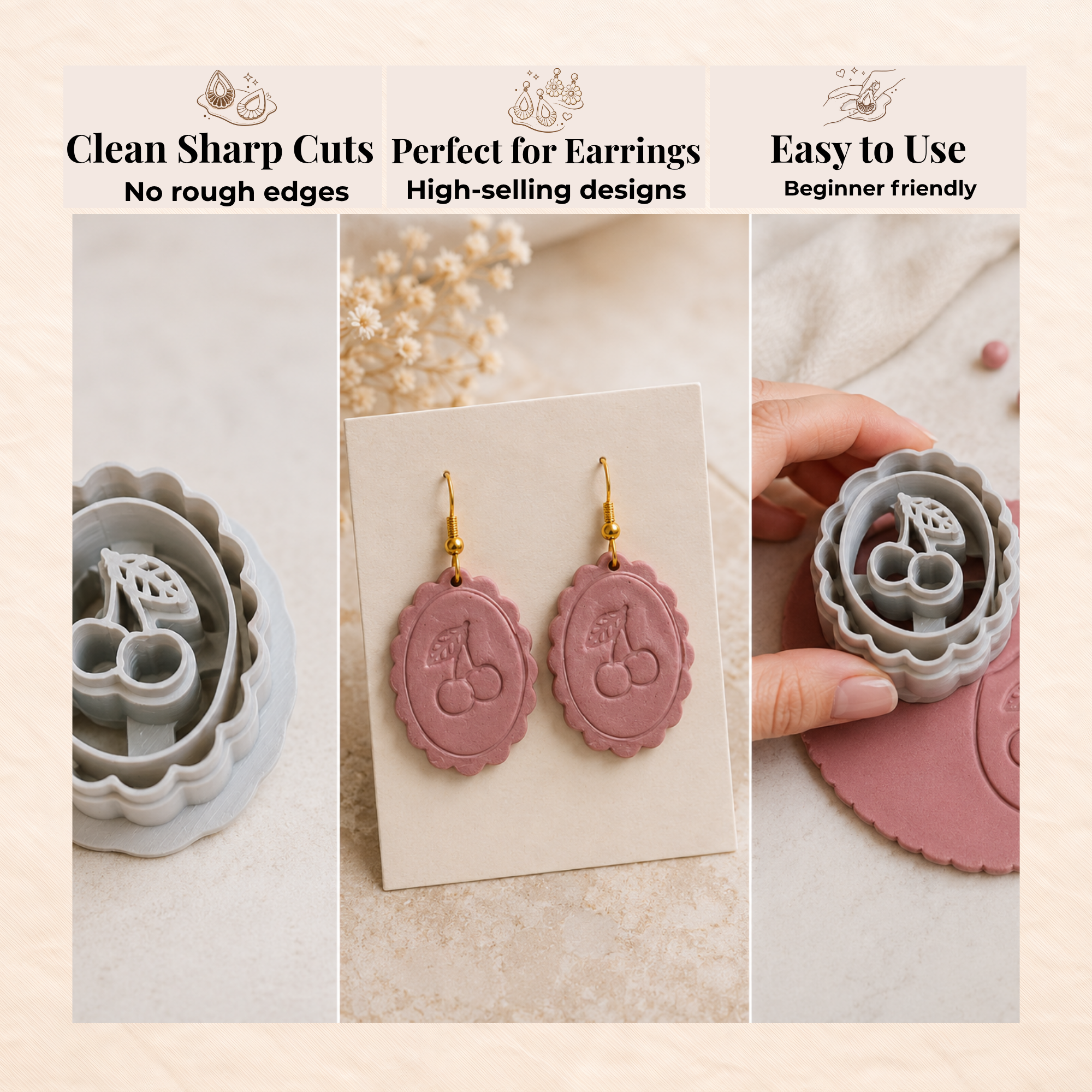 Vintage Cherries Polymer Clay Cutter 30–45mm | Cottagecore Earring Cutter | IrisCrafts7
