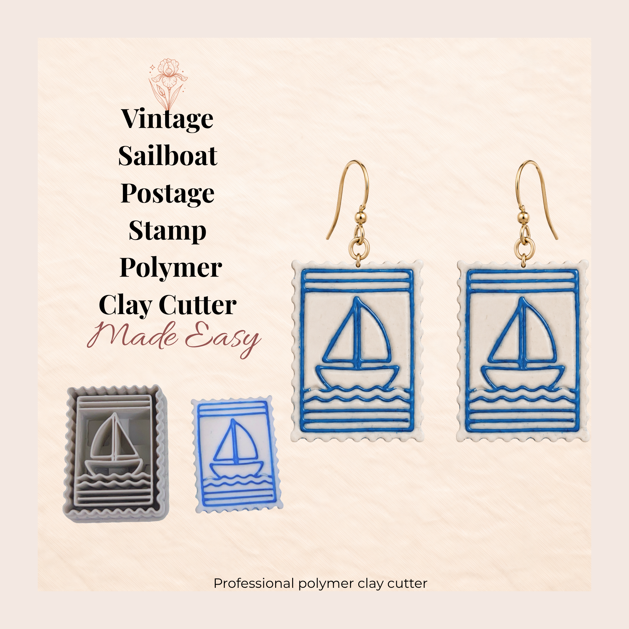 Vintage Sailboat Postage Stamp Polymer Clay Cutter 30–50mm | Nautical Earring Cutter | IrisCrafts7