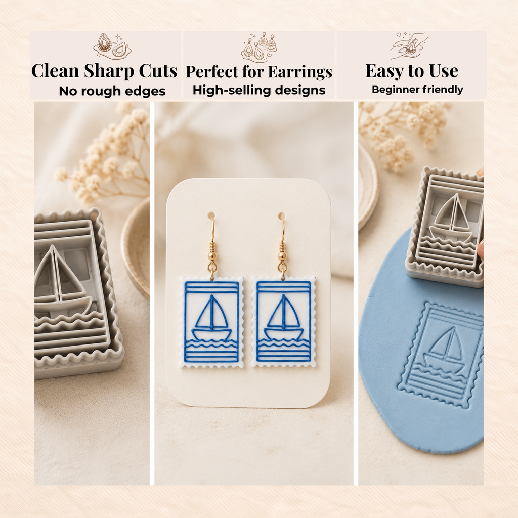 Vintage Sailboat Postage Stamp Polymer Clay Cutter 30–50mm | Nautical Earring Cutter | IrisCrafts7
