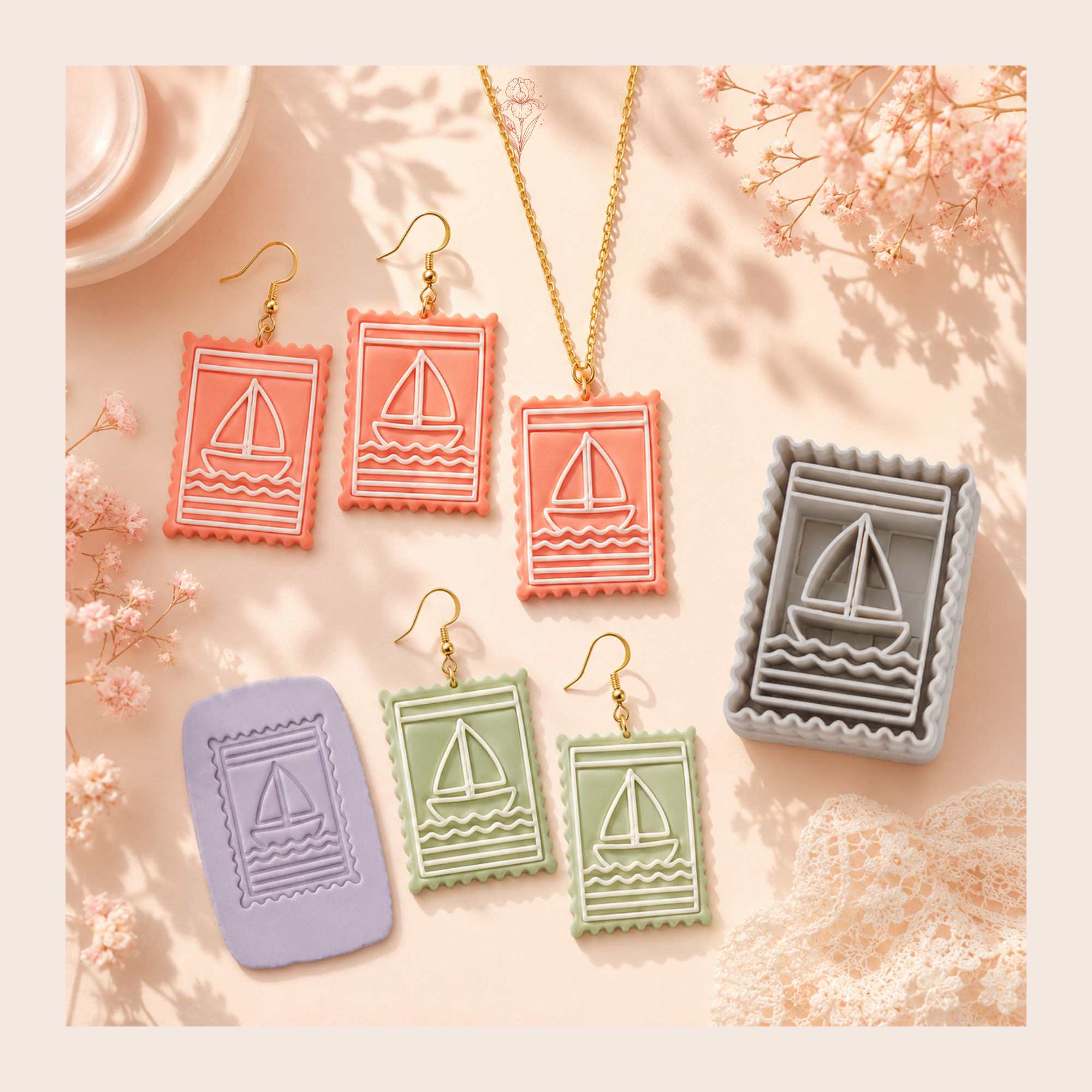 Vintage Sailboat Postage Stamp Polymer Clay Cutter 30–50mm | Nautical Earring Cutter | IrisCrafts7