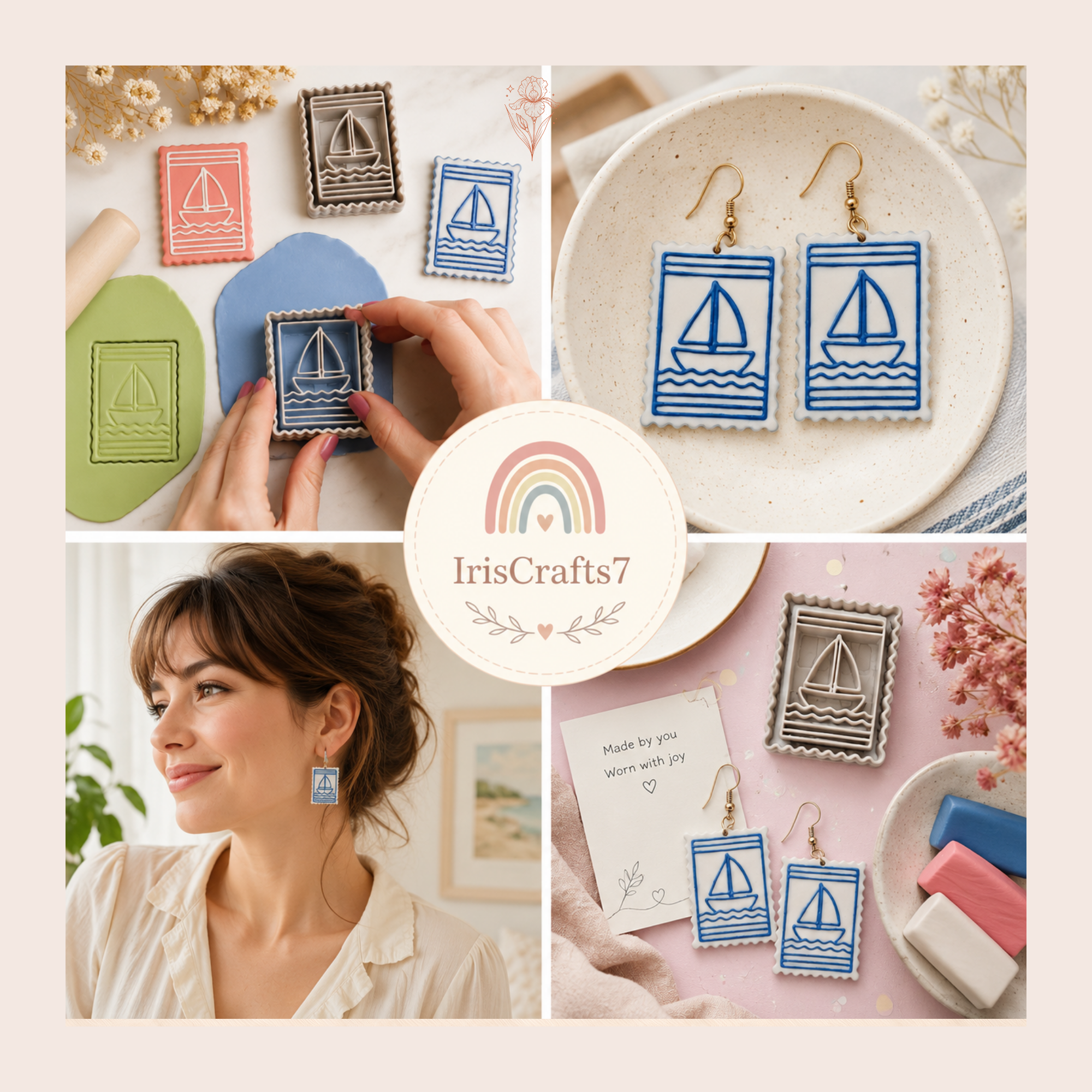 Vintage Sailboat Postage Stamp Polymer Clay Cutter 30–50mm | Nautical Earring Cutter | IrisCrafts7