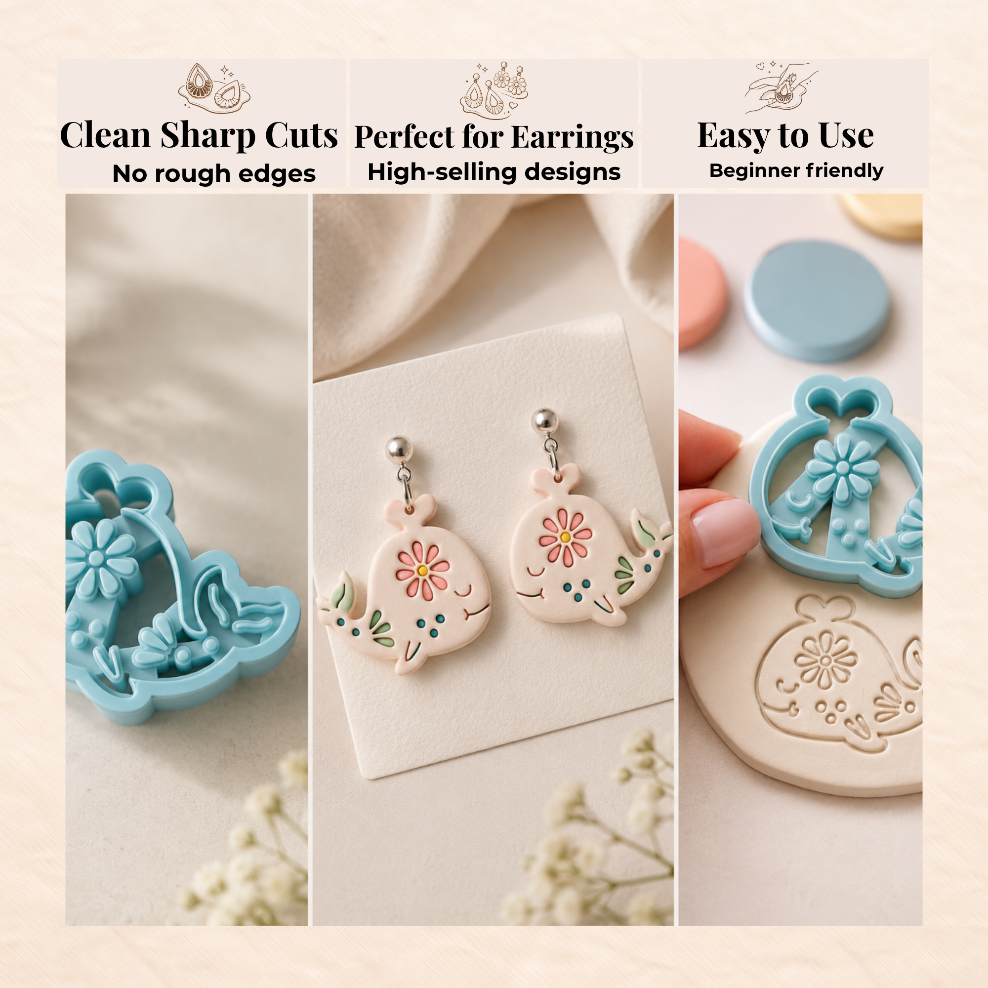 Whale Bloom Polymer Clay Cutter | 30–45mm | Whale Shape Clay Cutter | Earring Jewellery Making Tool