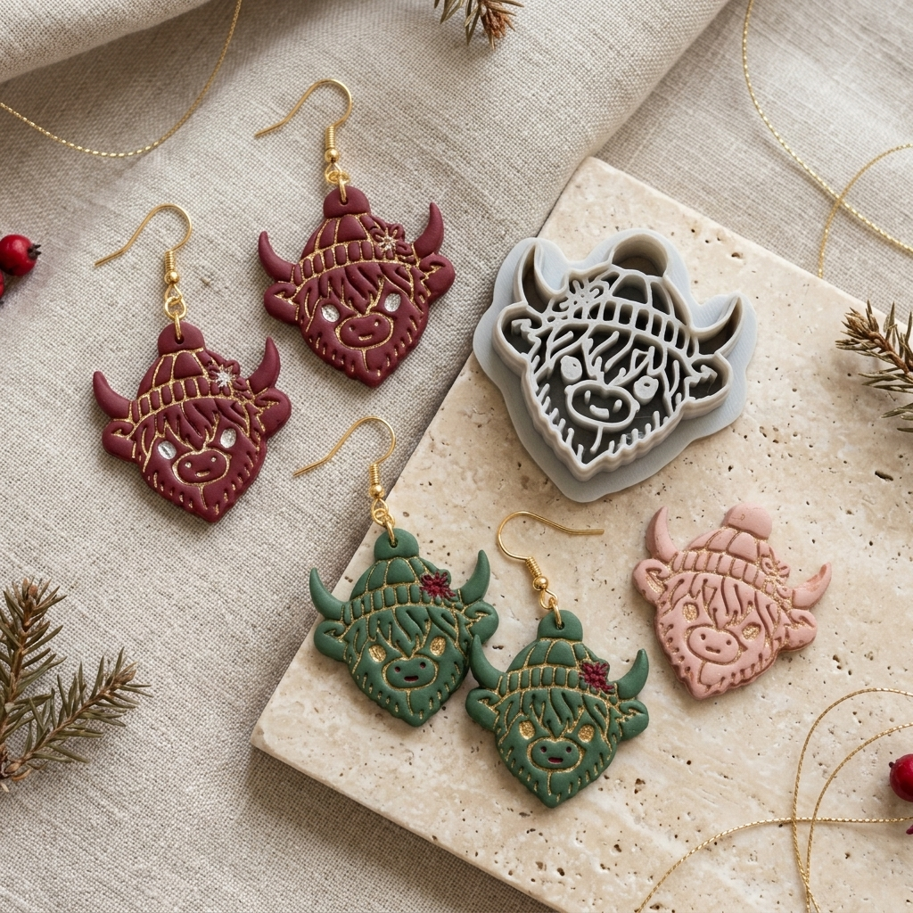 Winter Highland Cow Polymer Clay Cutter | Christmas Earring Tool
